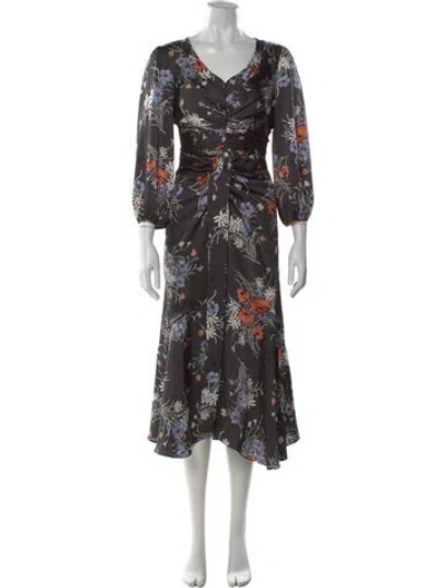 Pre-owned Cinq À Sept Floral Print Midi Length Dress In Gray