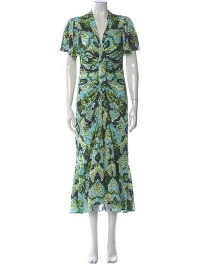 Pre-owned Cinq À Sept Floral Print Midi Length Dress In Green
