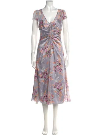 Pre-owned Cinq À Sept Floral Print Midi Length Dress In Purple