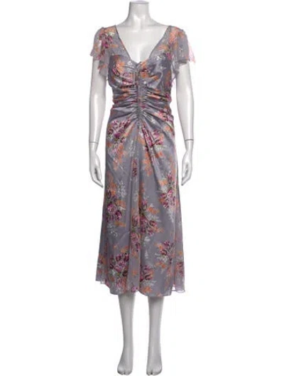 Pre-owned Cinq À Sept Floral Print Midi Length Dress In Purple