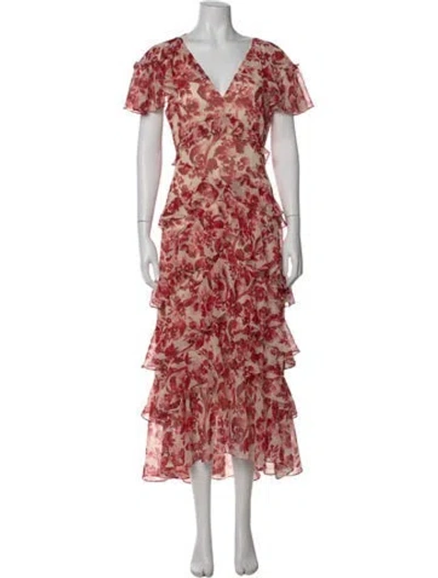 Pre-owned Cinq À Sept Floral Print Midi Length Dress In Red