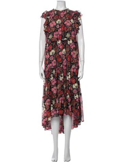 Pre-owned Cinq À Sept Floral Print Midi Length Dress In Red