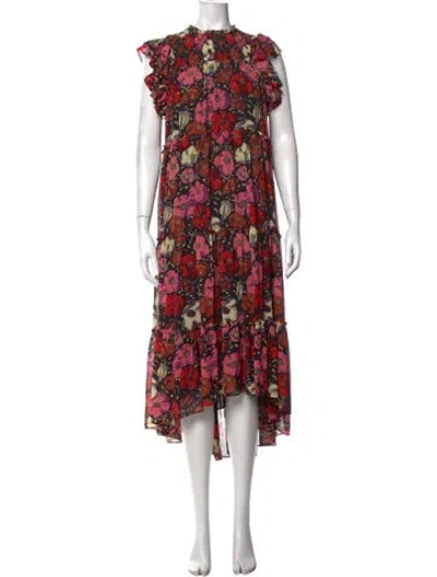 Pre-owned Cinq À Sept Floral Print Midi Length Dress In Red
