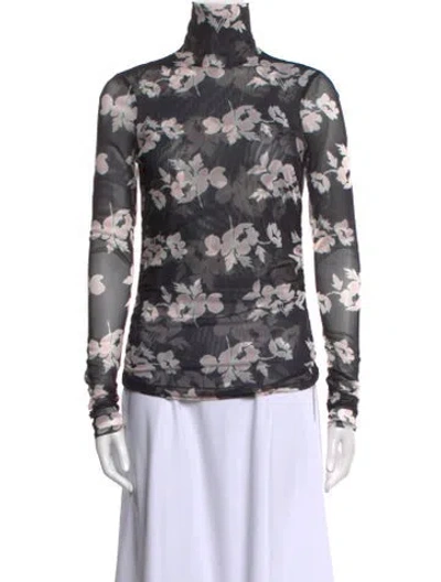 Pre-owned Cinq À Sept Floral Print Mock Neck Blouse In Black