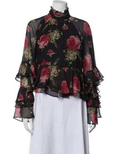Pre-owned Cinq À Sept Floral Print Mock Neck Blouse In Black