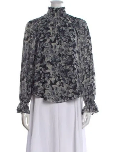 Pre-owned Cinq À Sept Floral Print Mock Neck Blouse In Blue