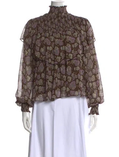 Pre-owned Cinq À Sept Floral Print Mock Neck Blouse In Brown
