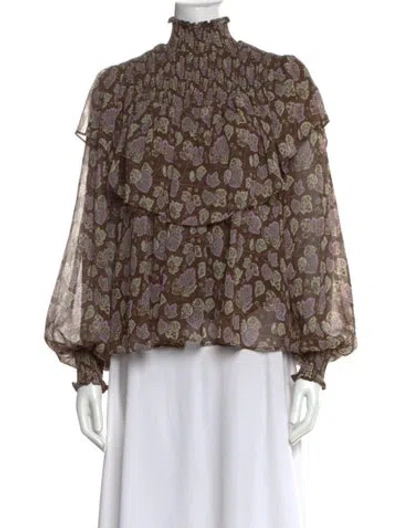 Pre-owned Cinq À Sept Floral Print Mock Neck Blouse In Brown