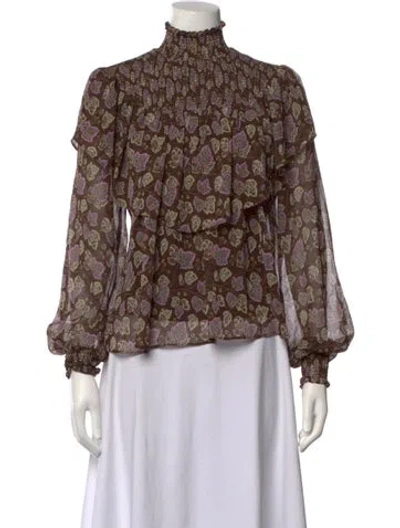 Pre-owned Cinq À Sept Floral Print Mock Neck Blouse In Brown