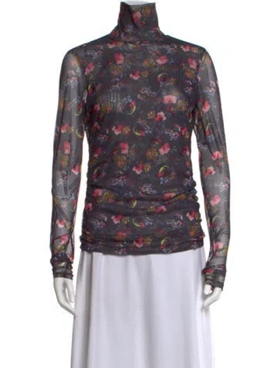 Pre-owned Cinq À Sept Floral Print Mock Neck Blouse In Green