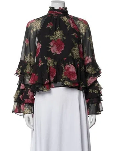 Pre-owned Cinq À Sept Floral Print Mock Neck Blouse W/ Tags In Blue