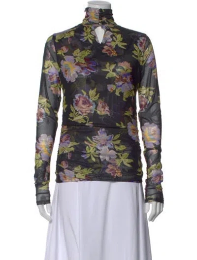 Pre-owned Cinq À Sept Floral Print Mock Neck Top W/ Tags In Black
