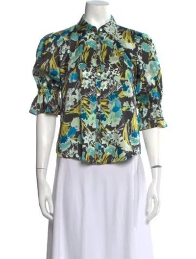 Pre-owned Cinq À Sept Floral Print Short Sleeve Blouse In Black