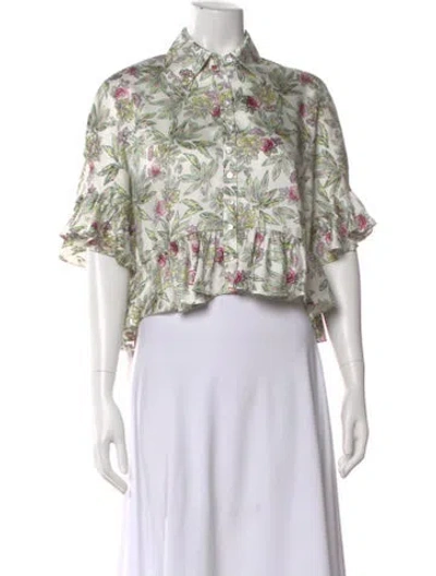 Pre-owned Cinq À Sept Floral Print Short Sleeve Blouse In Green