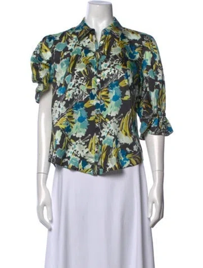 Pre-owned Cinq À Sept Floral Print Three-quarter Sleeve Blouse In Black