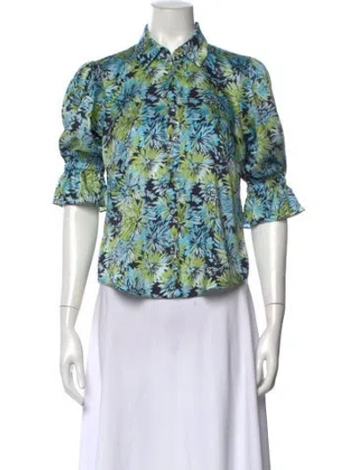 Pre-owned Cinq À Sept Floral Print Three-quarter Sleeve Blouse In Blue