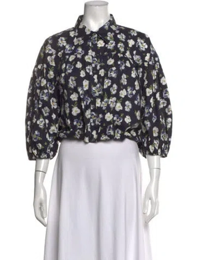 Pre-owned Cinq À Sept Floral Print Three-quarter Sleeve Blouse In Blue