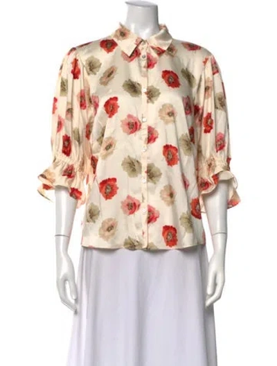 Pre-owned Cinq À Sept Floral Print Three-quarter Sleeve Blouse W/ Tags In Neutrals