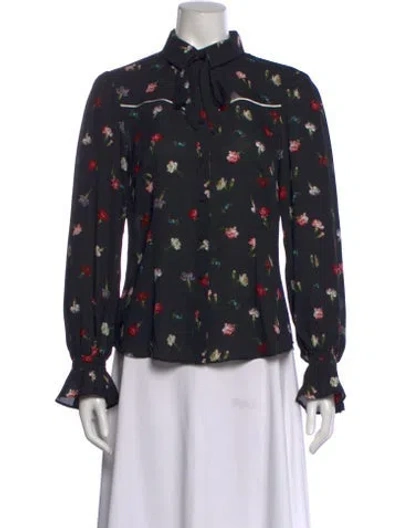 Pre-owned Cinq À Sept Floral Print Tie Neck Blouse In Black