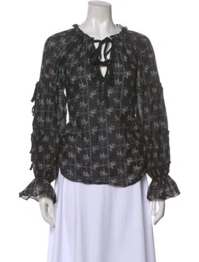 Pre-owned Cinq À Sept Floral Print Tie Neck Blouse In Black