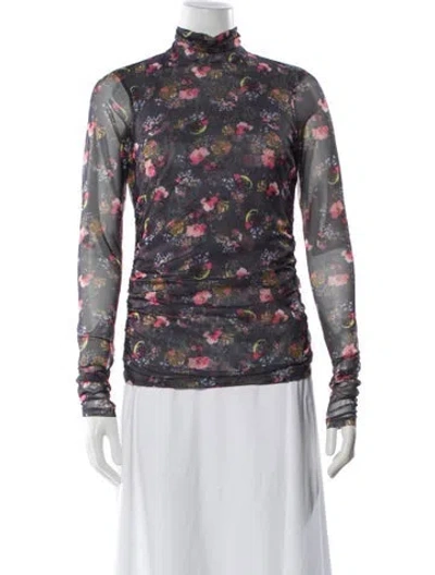 Pre-owned Cinq À Sept Floral Print Turtleneck Blouse In Gray