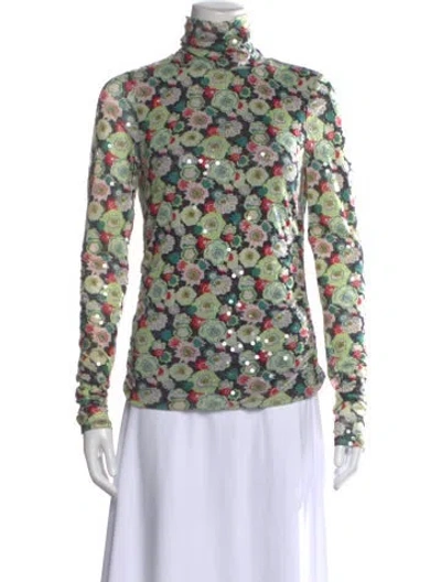 Pre-owned Cinq À Sept Floral Print Turtleneck Top In Green