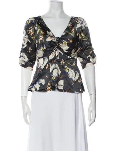 Pre-owned Cinq À Sept Floral Print V-neck Blouse In Black