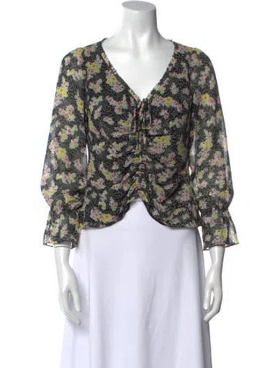 Pre-owned Cinq À Sept Floral Print V-neck Blouse In Black