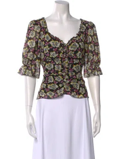 Pre-owned Cinq À Sept Floral Print V-neck Blouse In Black