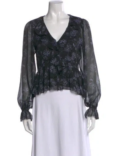 Pre-owned Cinq À Sept Floral Print V-neck Blouse In Black