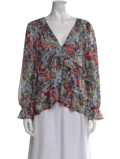 Pre-owned Cinq À Sept Floral Print V-neck Blouse In Blue