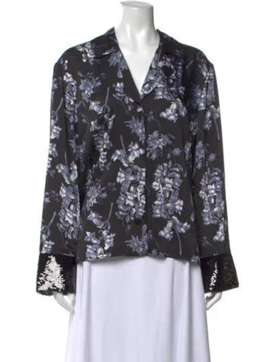 Pre-owned Cinq À Sept Floral Print V-neck Blouse In Blue