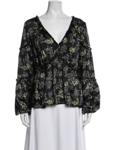 Pre-owned Cinq À Sept Floral Print V-neck Blouse In Blue