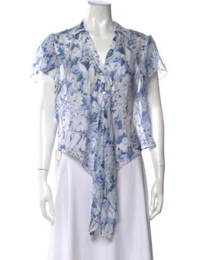 Pre-owned Cinq À Sept Floral Print V-neck Blouse In Blue/white