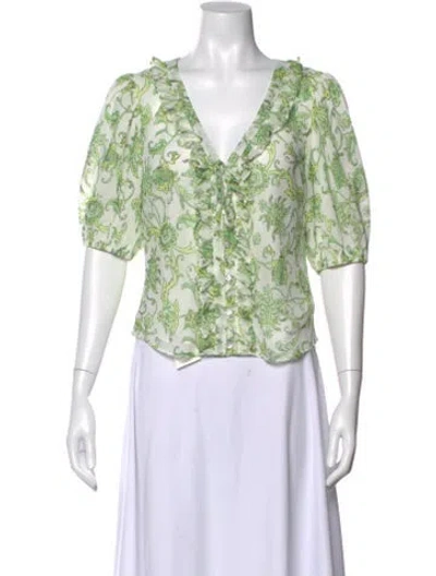 Pre-owned Cinq À Sept Floral Print V-neck Blouse In Green