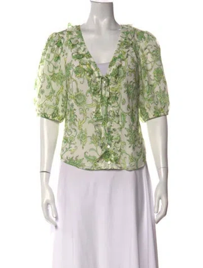 Pre-owned Cinq À Sept Floral Print V-neck Blouse In Green