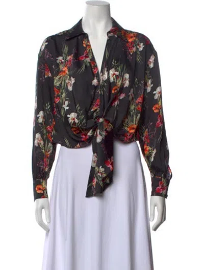 Pre-owned Cinq À Sept Floral Print V-neck Blouse In Grey