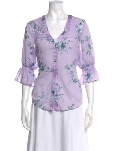 Pre-owned Cinq À Sept Floral Print V-neck Blouse In Purple