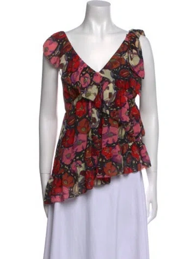 Pre-owned Cinq À Sept Floral Print V-neck Blouse In Red