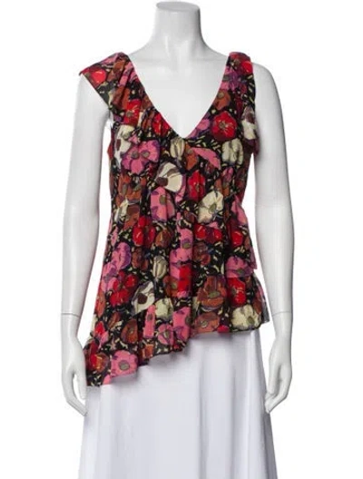 Pre-owned Cinq À Sept Floral Print V-neck Blouse In Red
