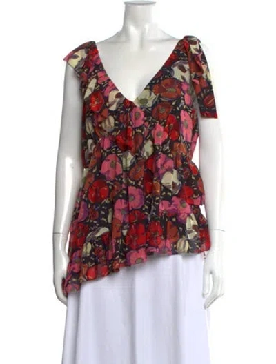 Pre-owned Cinq À Sept Floral Print V-neck Blouse W/ Tags In Red