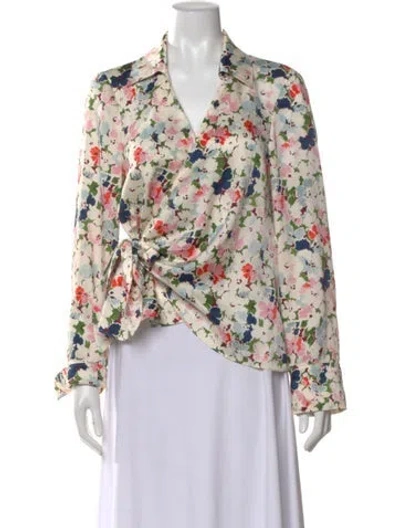 Pre-owned Cinq À Sept Floral Print V-neck Blouse In White