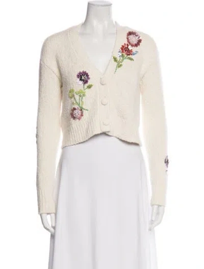 Pre-owned Cinq À Sept Floral Print V-neck Sweater In White