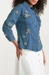 Cinq À Sept Flower Crystal Stretch Denim Shirt In Light Wash