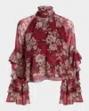Cinq À Sept Gilded Paisley Tiered Ruffle-sleeve Blouse In Red