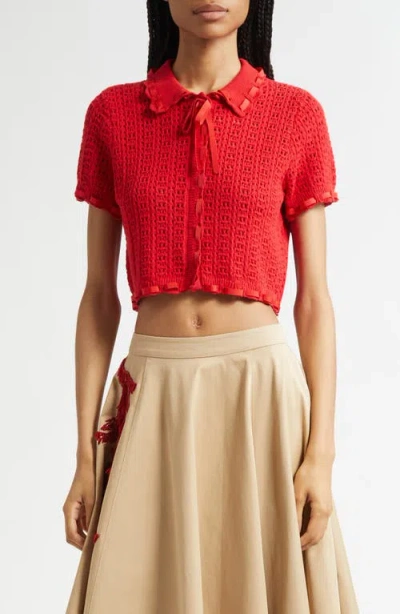 Cinq À Sept Ginerva Open Stitch Crop Cotton Blend Cardigan In Red
