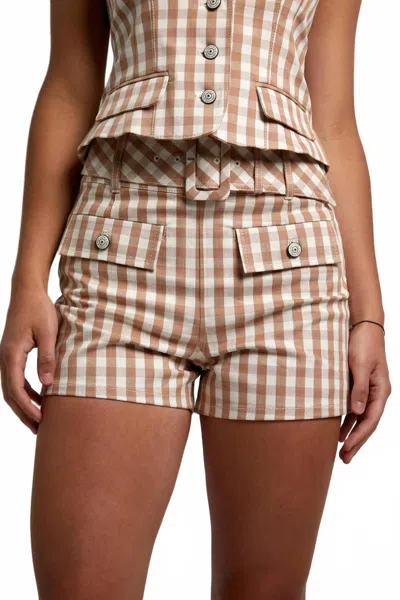 Cinq À Sept Gingham High Waist Shorts In Beige In Brown