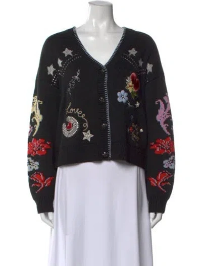 Pre-owned Cinq À Sept Graphic Print V-neck Sweater In Black