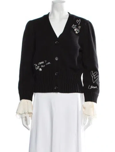 Pre-owned Cinq À Sept Graphic Print V-neck Sweater In Black