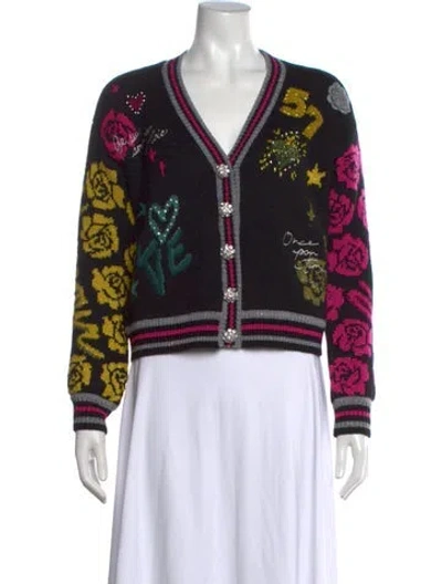 Pre-owned Cinq À Sept Graphic Print V-neck Sweater In Black
